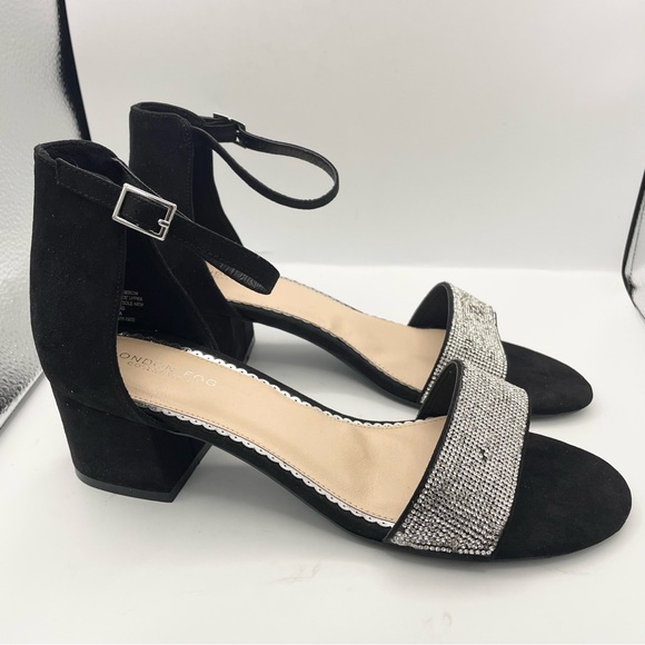 London Fog Nikki2 suede rhinestone block heel black sandals women’s Size 10W - Picture 4 of 12